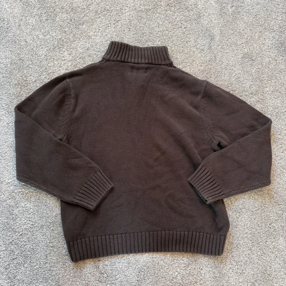 Chaps Mens Quarter Zip Sweater Brown Striped Mock Neck Knit Pullover Logo